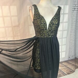 ark & co NWT black and gold bodycon mini with sheer black chiffon skirt maxi dre
